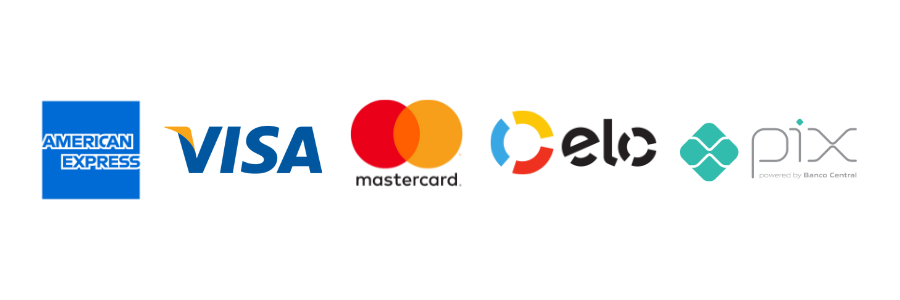 Pagamento por American Express, Visa, Mastercard, Elo e Pix