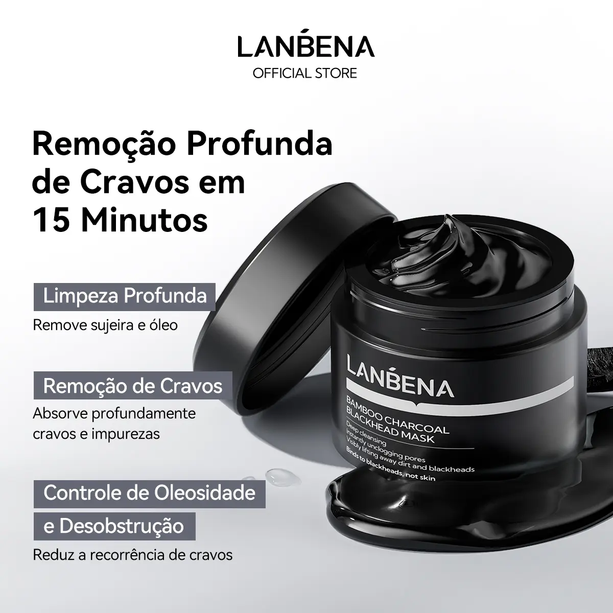 Pote aberto da máscara LANBENA com carvão de bambu
